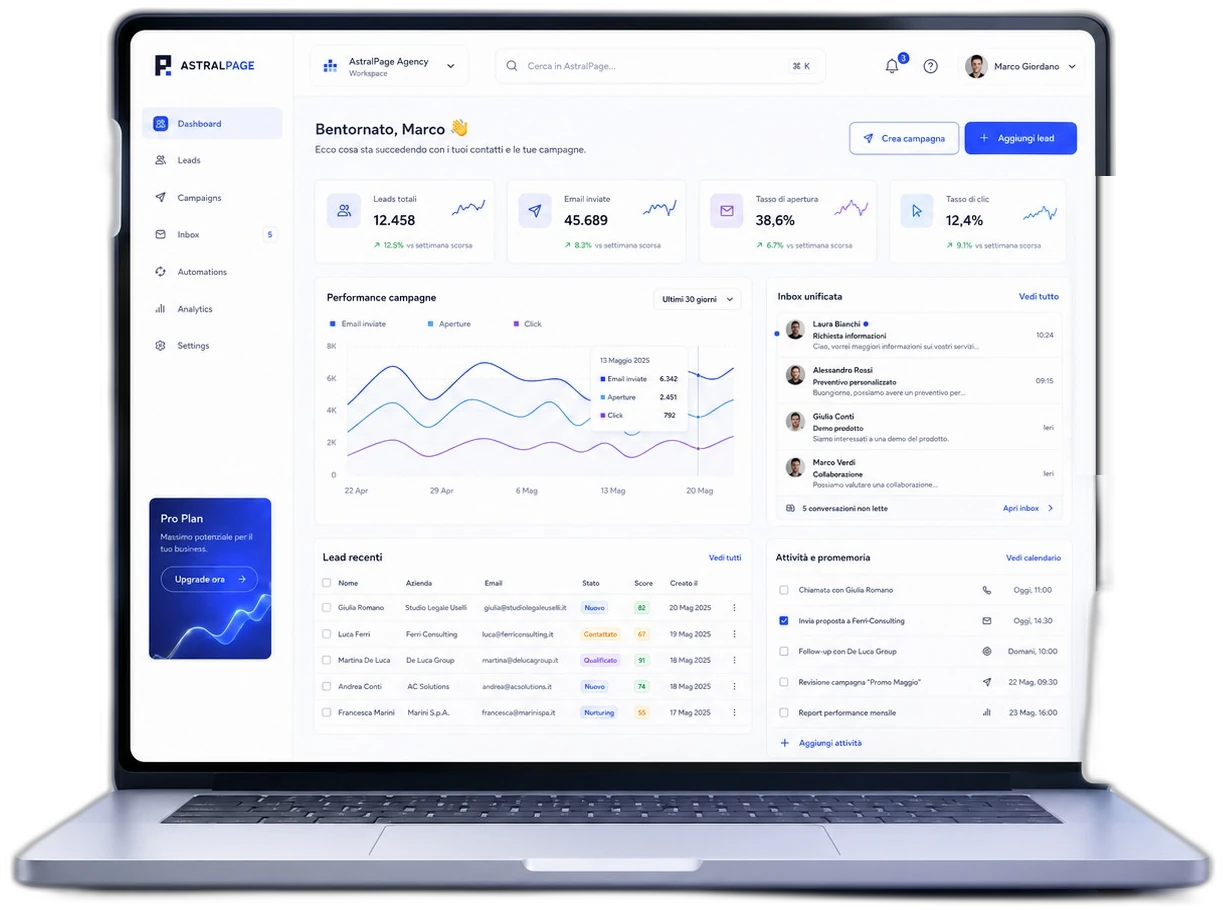 Dashboard AstralPage — contatti, campagne email e inbox